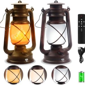 2 Pack Bronze Vintage 4 Modes Light LED Lanterns,Rechargeable Dancing Flame Lanterns Decorative Outdoor&Indoor, Remote Control Waterproof Hanging Lights for Camping,Patio Garden Pathway