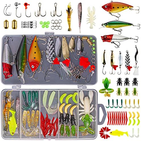 Fishing Lures Kit for Freshwater Bait Tackle Kit for Bass Trout Salmon Fishing Accessories Tackle Box Including Spoon Lures Soft Plastic Worms Gifts for Men
