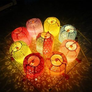 Set of 10 Paper Lanterns 6inches Variety Color Vibrant Paper Lanterns LED Lights, Hollow Out Hanging Paper Lanterns with Tassels Walking Sticks for Dinner Birthday Party Decor (Oval-Shaped)