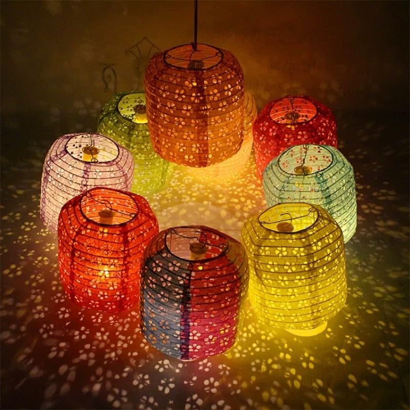 Set of 10 Paper Lanterns 6inches Variety Color Vibrant Paper Lanterns LED Lights, Hollow Out Hanging Paper Lanterns with Tassels Walking Sticks for Dinner Birthday Party Decor (Oval-Shaped) - Image 4