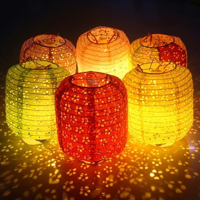 Set of 10 Paper Lanterns 6inches Variety Color Vibrant Paper Lanterns LED Lights, Hollow Out Hanging Paper Lanterns with Tassels Walking Sticks for Dinner Birthday Party Decor (Oval-Shaped) - Image 5