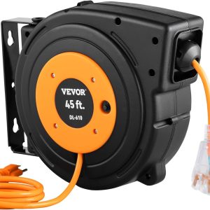 VEVOR Retractable Extension Cord Reel, 45 FT, Heavy Duty 12AWG/3C SJTOW Power Cord, with Lighted Triple Tap Outlet, 15 Amp Circuit Breaker, 180° Swivel Bracket for Ceiling or Wall Mount