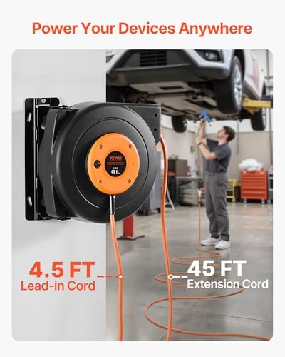VEVOR Retractable Extension Cord Reel, 45 FT, Heavy Duty 12AWG/3C SJTOW Power Cord, with Lighted Triple Tap Outlet, 15 Amp Circuit Breaker, 180° Swivel Bracket for Ceiling or Wall Mount - Image 3