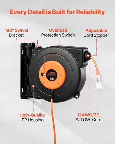VEVOR Retractable Extension Cord Reel, 45 FT, Heavy Duty 12AWG/3C SJTOW Power Cord, with Lighted Triple Tap Outlet, 15 Amp Circuit Breaker, 180° Swivel Bracket for Ceiling or Wall Mount - Image 4