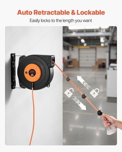 VEVOR Retractable Extension Cord Reel, 45 FT, Heavy Duty 12AWG/3C SJTOW Power Cord, with Lighted Triple Tap Outlet, 15 Amp Circuit Breaker, 180° Swivel Bracket for Ceiling or Wall Mount - Image 6