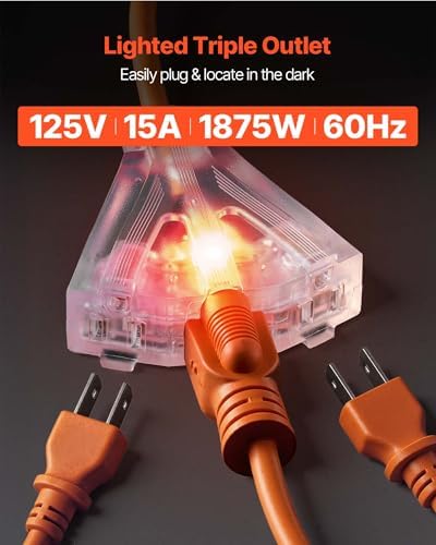 VEVOR Retractable Extension Cord Reel, 45 FT, Heavy Duty 12AWG/3C SJTOW Power Cord, with Lighted Triple Tap Outlet, 15 Amp Circuit Breaker, 180° Swivel Bracket for Ceiling or Wall Mount - Image 7